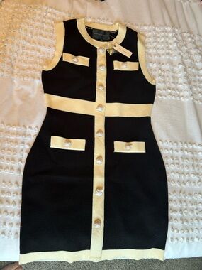 Endless Rose Black and Cream Button-Front Sleeveless Sheath Dress